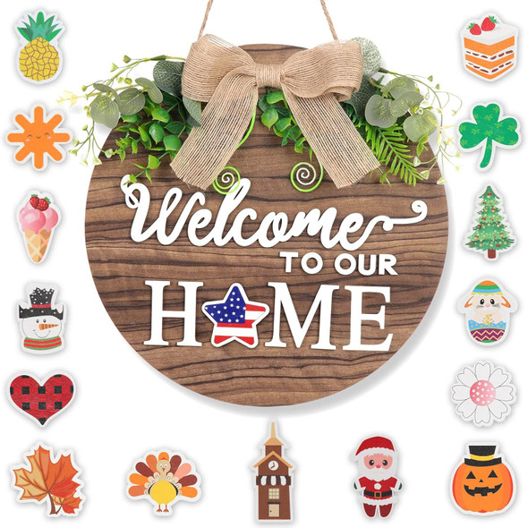 Interchangeable Welcome Sign, Welcome Sign for Front Door with 16 Changeable Icons, Seasonal Front Porch Door Decor Farmhouse Wood Wreaths Welcome Home Sign for Christmas Door Decor