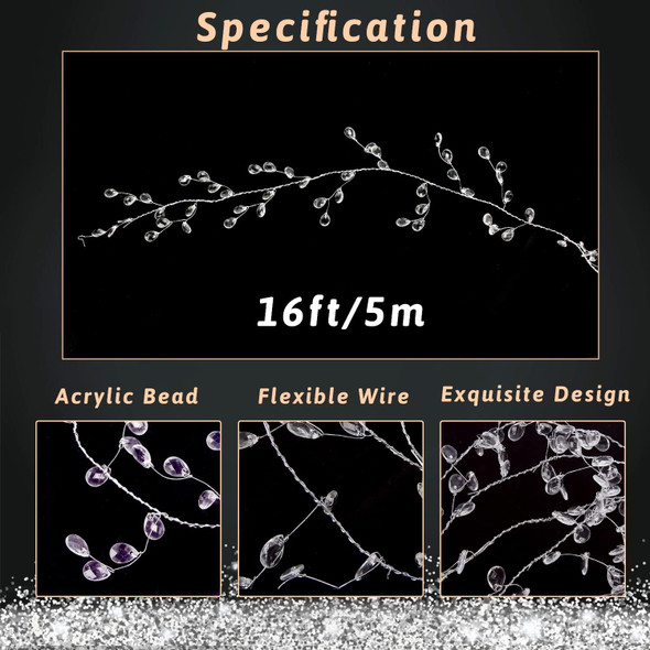 FOIMAS 16ft Clear Acrylic Wire Bead Garland Strand Ice Faux Crystal Bead String Garland for Christmas Tree Craft Wedding Birthday Party Decoration