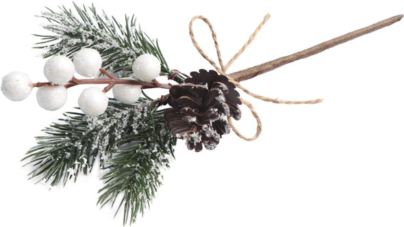 12 Pieces Artificial Pine Picks Christmas Tree Picks with White Berries Pinecones Bowknot Artificial Pine Branches Stems Frosted Holly Spray for Winter Decoration Xmas Party DIY Crafts (12, White)