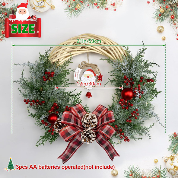 Christmas Wreaths for Front Door, 21 Inch Pre-Lit Christmas Wreath with 40 LED Lights, Santa Claus Lighted Wreath Christmas Decoration for Door Porch Fireplace Window