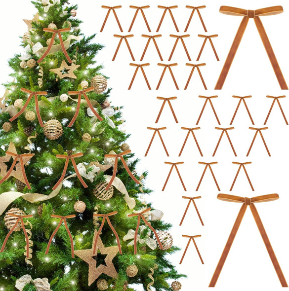 FOTN 26 Pcs Velvet Christmas Bows Flocked Christmas Ornaments Christmas Ribbon Bows for Tree Wreath Door Garland Home Decor Outdoor Indoor (Khaki)