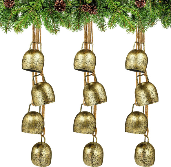 3 Sets Christmas Cow Bells Rustic Metal Hanging Bells 4 Harmony Wind Chimes Bells Xmas Iron Vintage Cow Bells with Rope for Christmas Tree Wall Garden Garland Decor
