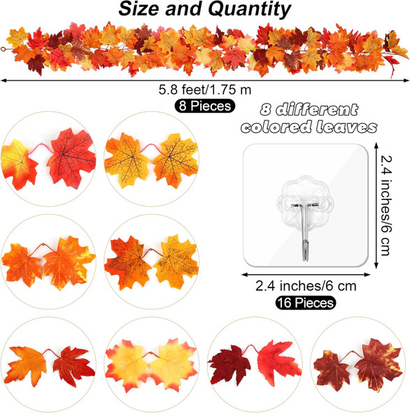 8 Pieces Fall Maple Leaves Garland 5.8ft/pc Artificial Fall Foliage Garland Autumn Hanging Vine Fall Garland Leaves Colorful Autumn Decor for Wedding Thanksgiving Dinner Party Decor