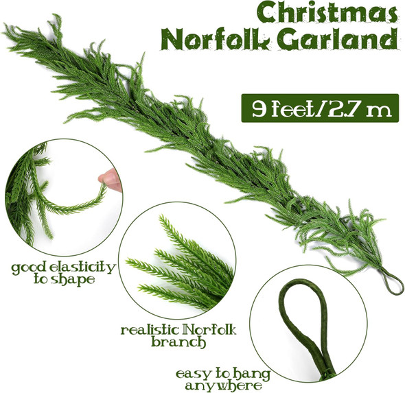 1 Pack Christmas Norfolk Garlands Set 9 Feet Artificial Winter Pine Garland Light String Faux Greenery Garland Green Pine Garland for Xmas Holiday Home Indoor Decor