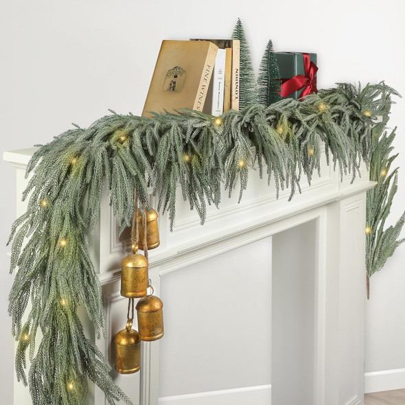 1 Pack Christmas Norfolk Garlands Set 6 Feet Artificial Faux Greenery Garland 4 Cow Bell with Jute Hanging Rope Light String Winter Pine Garland for Xmas Indoor Holiday Decor, Green+White