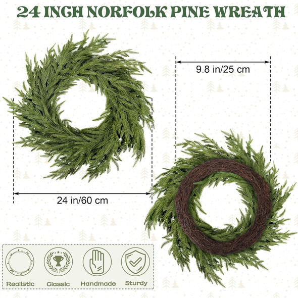 Christmas Norfolk Pine Wreath 24 Inch Green Wreaths for Front Door Artificial Cedar Wreath Faux Greenery Realistic Wreath for Christmas Porch Windows Indoor Outdoor Decor DIY Crafts