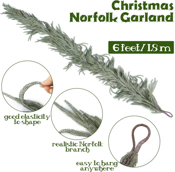 1 Pack Christmas Norfolk Garlands Set 6 Feet Artificial Winter Pine Garland Light String Faux Greenery Garland Green and White Pine Garland for Xmas Holiday Home Indoor Decor