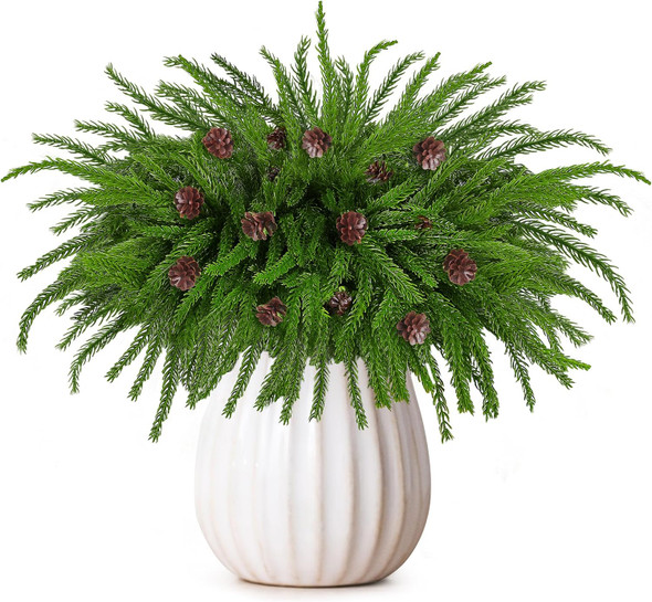 12 Pieces Christmas Norfolk Pine Branches with Pine Cones 18 Inch Norfolk Pine Stems Artificial Norfolk Pin Needle Branches DIY Crafts Faux Greenery for Xmas Home Decor Garland Wreath Craft