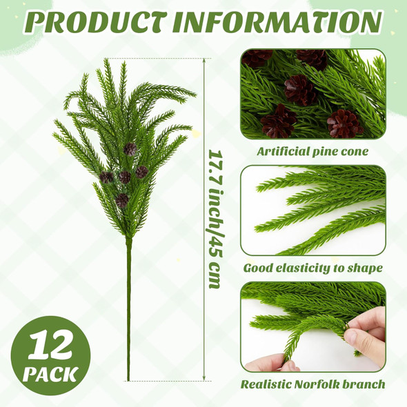 12 Pieces Christmas Norfolk Pine Branches with Pine Cones 18 Inch Norfolk Pine Stems Artificial Norfolk Pin Needle Branches DIY Crafts Faux Greenery for Xmas Home Decor Garland Wreath Craft