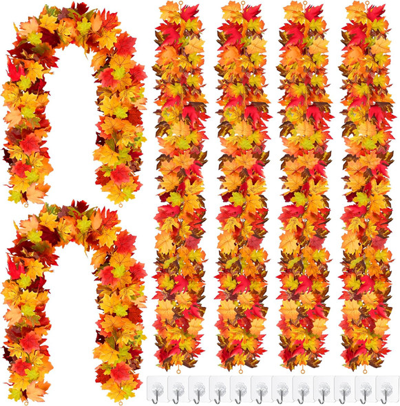 6 Pack Fall Maple Leaves Garland Fall Decorations 5.8ft/Pc Artificial Fall Garland Colorful Autumn Hanging Vine for Thanksgiving Halloween Fireplace Indoor Outdoor Decor