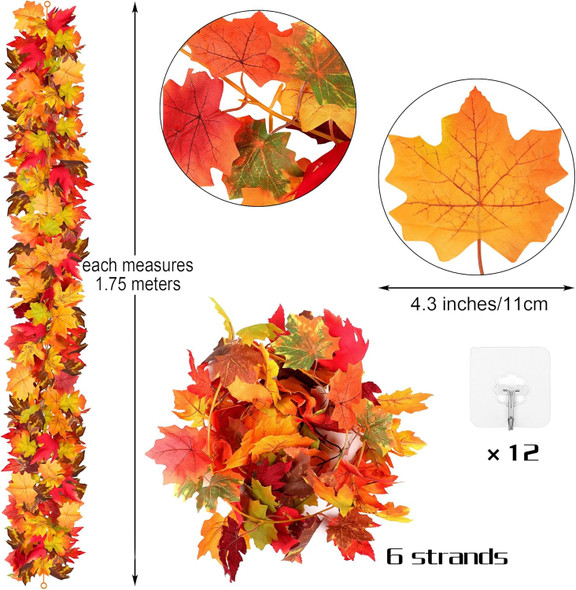 6 Pack Fall Maple Leaves Garland Fall Decorations 5.8ft/Pc Artificial Fall Garland Colorful Autumn Hanging Vine for Thanksgiving Halloween Fireplace Indoor Outdoor Decor