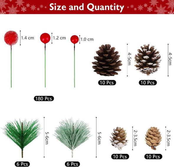 232 Pieces Christmas Wreath Making Decoration Artificial Pine Cone Berry Set Pine Natural Pinecones Branches for Xmas Tree Ornament Home Fall Winter Christmas Party DIY