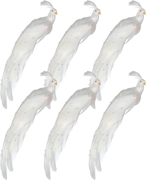 FQQWEE 6Pcs Artificial Feather White Peacock Birds with Clip Artificial Peacock Sequin Birds Clip on Christmas Tree Ornaments Simulation White Feather Peacock Crafts Xmas Tree Decor (6Pcs)