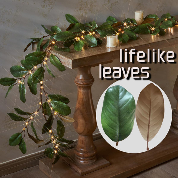 Fudios Magnolia Lighted Garland with Timer 6FT 80 LED Fairy Lights Battery Operated or USB Plug in, Artificial Greenery Garland Lights for Spring Holiday Party Mantle Decoration