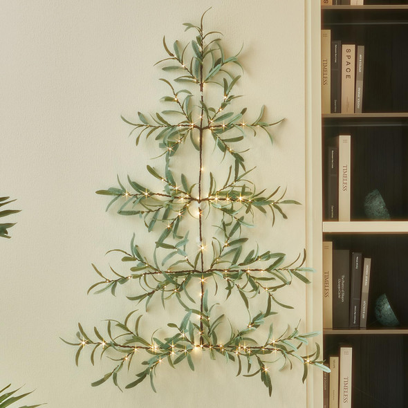 Fudios Lighted Wall Tree Artificial Olive Leaf with Timer 3.5FT 140 LED Fairy Lights for Home Room Christmas Holiday Decoration