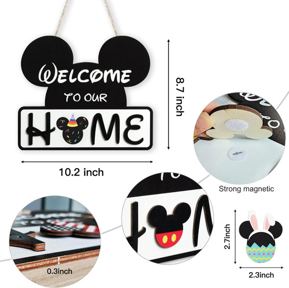 Cute Mouse Interchangeable Seasonal Welcome Door Sign for Front Door Decor, Interchangeable Welcome to Our Home Sign for Farmhouse Wall Porch Decor, Housewarming
