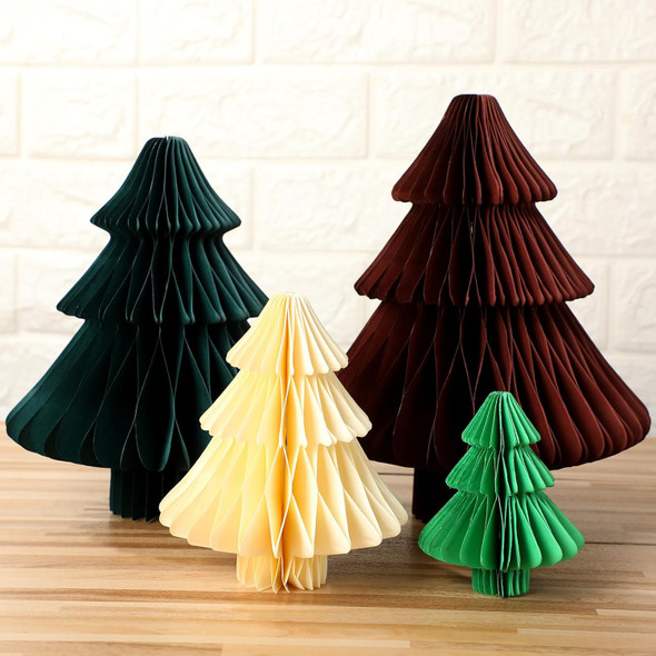 4 Pcs Paper Christmas Tree 3D Honeycomb Centerpiece Xmas Paper Tree Decoration Green Brown Neutral Color 4 Sizes Honeycomb Tree Table Decor for Table Mantel Fireplace Party Holiday Decor