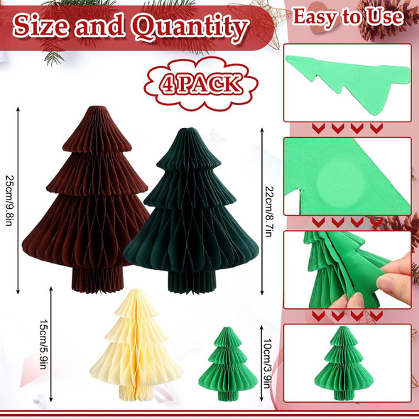 4 Pcs Paper Christmas Tree 3D Honeycomb Centerpiece Xmas Paper Tree Decoration Green Brown Neutral Color 4 Sizes Honeycomb Tree Table Decor for Table Mantel Fireplace Party Holiday Decor