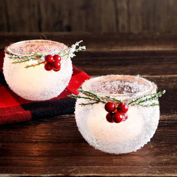 6 Pcs Christmas Votive Candle Holders with Snowy and Red Berry Pine Leaves Xmas Glass Tealight Candle Holders for Table Centerpiece Fireplace Home Ornaments Wedding Party Indoor Decorations