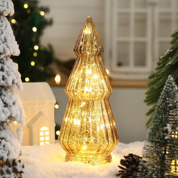 Christmas Decorations-Light Up Gold Mercury Glass Christmas Tree-Tabletop Christmas Tree with LED Light for Home Kitchen Table Mantle Shelf Party Centerpiece