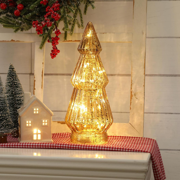 Christmas Decorations-Light Up Gold Mercury Glass Christmas Tree-Tabletop Christmas Tree with LED Light for Home Kitchen Table Mantle Shelf Party Centerpiece
