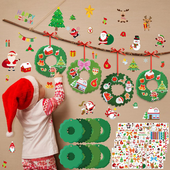 7 x 8 Inch Large 24 Pcs Christmas Cutouts and 12 Pcs Stickers for Kids Christmas Wreaths Crafts DIY Xmas Wreath Cutouts Mini Christmas Wreath Paper Cuts for Classroom Bulletin Board Supplies