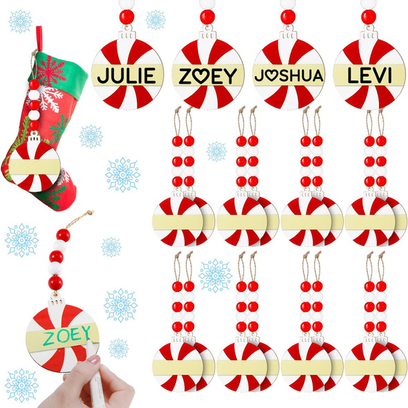 Funtery 16 Pieces Christmas Stocking Name Tags Wood Christmas Stocking Tags Candy Cane Ornament Rustic Red and White Xmas Tree Name Tags Decor with Bead Garland for DIY Farmhouse Decor