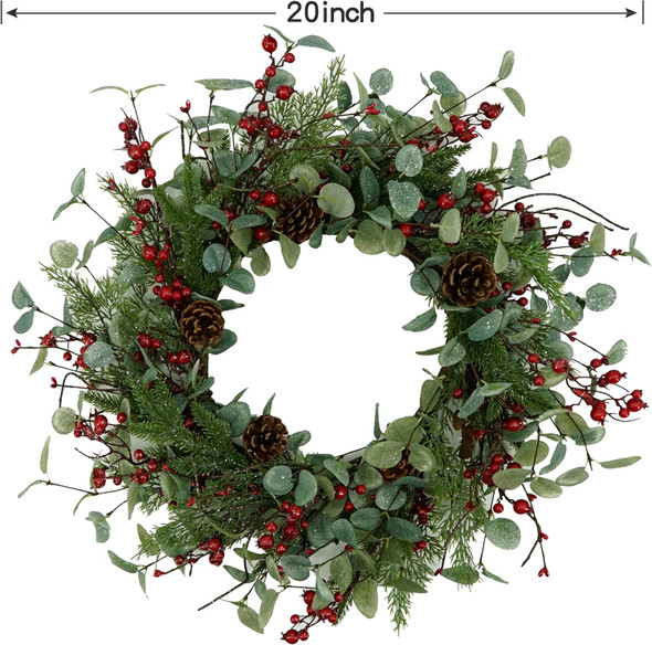 Christmas Wreath, Christmas Wreaths for Front Door,Artificial Christmas Wreath with Sparkling Leaves and Pine Needles are paired with Plump Pine and red Berries,Wreath for Indoor Wall Window Decor.