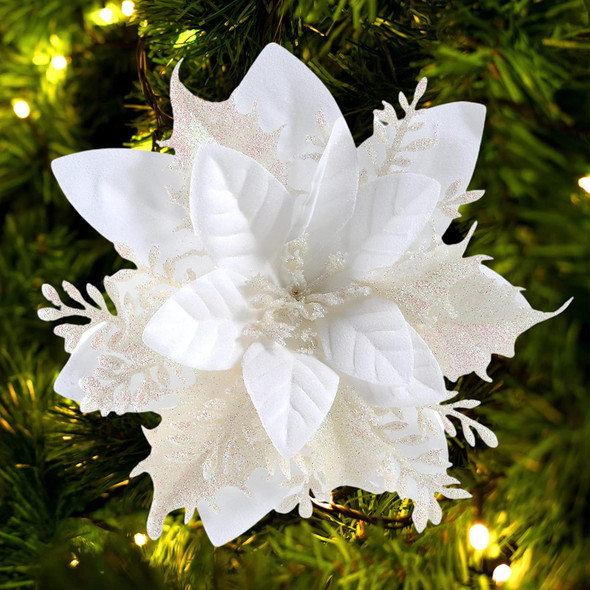 Christmas Poinsettia Artificial Flowers Decorations 5.5" Christmas Tree Wreaths Garland Decoration 12 Pcs Glitter Flowers Picks Decor for Xmas Year Wedding Party Ornaments (White)
