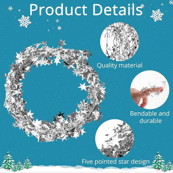 75 Feet Silver Star Tinsel Wire Garlands Christmas Sparkly Star Tinsel Garlands with Wire Decorations for Xmas Tree Home Wedding Birtahday Party Festive Ornament