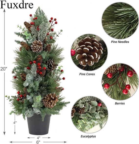 20 Inch Tabletop Christmas Tree, Small Christmas Tree with Pine Needles, Berry and Eucalyptus, Tabletop Small Xmas Tree Perfect Christmas Decoration for Home, Living Room, Table