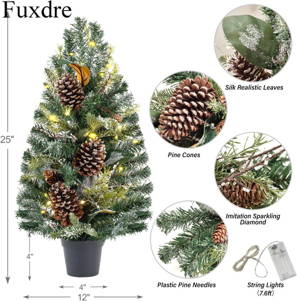 25 Inch Pre-lit Tabletop Christmas Tree, Artificial Mini Christmas Tree with String Lights, Tabletop Small Xmas Tree Perfect Christmas Decoration for Indoor, Living Room, Desktop