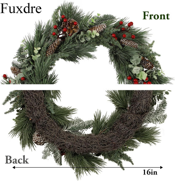 Christmas Wreath 16 Inch, Christmas Door Wreath with Pine Needles, Berry and Eucalyptus, Christmas Wreaths for Front Door Decor for Wall, Window or Mantel