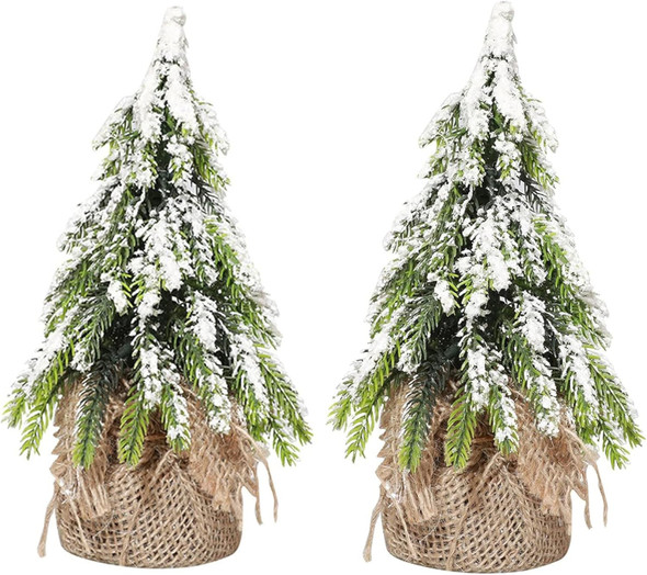 2 Pack Tabletop Mini Christmas Tree, 5.5 inch Artificial Flocked Desktop Christmas Tree with Burlap Base and Snow, Miniature Pine Christmas Tree Perfect for Christmas Home, Party Decorations