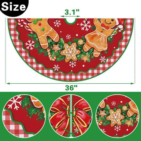 Gingerbread Man Christmas Tree Skirt 36 Inches Lace-up Wreath Bow Snowflake Artificial Xmas Tree Skirt, Red Buffalo Plaid Check Indoor Decoration Farmhouse Holiday Party Home Decor