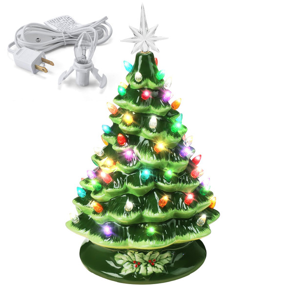Ganeen 15 Inch Ceramic Christmas Tree with 66 Multicolored Lights Hand Painted Tabletop Christmas Tree Vintage Christmas Decorations for Table Desk Countertop Mantel Home Office (Green)
