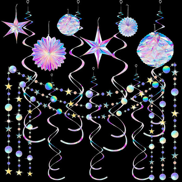 29 Pieces Home Iridescent Party Supplies Kit with Hanging Honeycomb Ball Decorative Paper Fan Snowflake Garlands White Star Hanging Swirl Decorations for Birthday Wedding Party Decorations