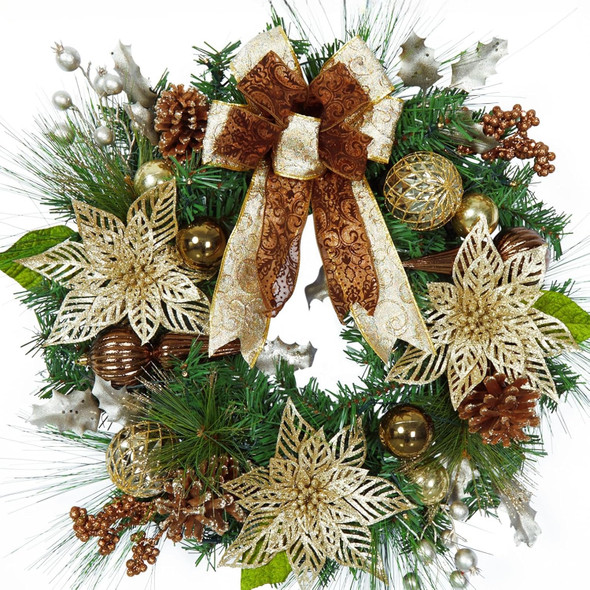 24 Inch Christmas Wreath with Lights, Battery Operated Outdoor Christmas Wreath for Front Door with 20 LED Lights Timer Gold Ball Ornaments Pine Cones and Bow for Home Holiday Decor