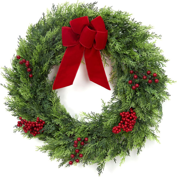 Christmas Wreaths for Front Door, 24 Inch Large Outdoor Christmas Wreath with Berries Velvet Bow, Winter Artificial Cypress Wreath Xmas Wreath for Indoor Window Wall Fireplace Holiday Decor