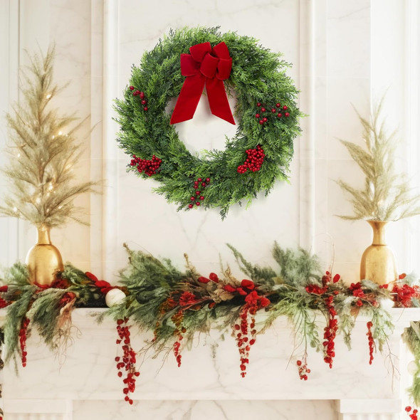 Christmas Wreaths for Front Door, 24 Inch Large Outdoor Christmas Wreath with Berries Velvet Bow, Winter Artificial Cypress Wreath Xmas Wreath for Indoor Window Wall Fireplace Holiday Decor