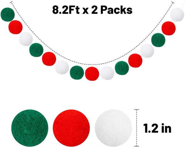Christmas Felt Garlands, 1.2" Large Pompom Garland Boho Decor, 16.4Ft 60 Balls Felt Ball Garlands, Red Green White Felt Ball Garlands for Christmas Party, Mexico, Italy Party Decor(1.2"/3cm)