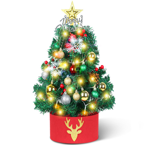24 Inch/2 ft Small Christmas Tree with Lights LED, Mini Pre-lit Artificial Christmas Tree with Ornaments Topper Collar, Tabletop Battery Operated Xmas Pine Tree for Indoor DIY Decor