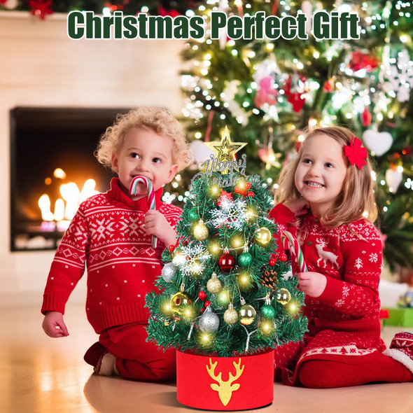 24 Inch/2 ft Small Christmas Tree with Lights LED, Mini Pre-lit Artificial Christmas Tree with Ornaments Topper Collar, Tabletop Battery Operated Xmas Pine Tree for Indoor DIY Decor