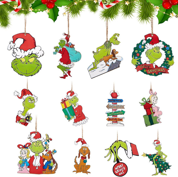 24PCS Grinchs Christmas Decorations,Unique Wooden Christmas Hangings Ornaments for Christmas Tree Topper, Xmas Tree Decor for Indoors Home Party Decor
