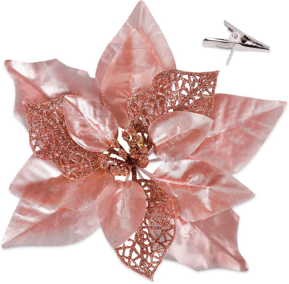 Geefuun 15PCS Christmas Tree Decorations Poinsettias Artificial Flowers Ornaments: Large Size 8.7” Xmas Glitter Flower with Clips Plus Stems (Rose Gold)