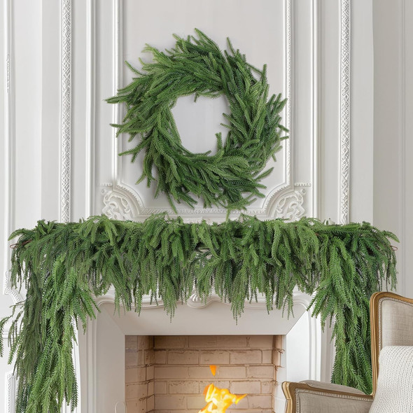 2 Pcs Christmas Norfolk Pine Garlands, Real Touch Pine Garland, Artificial Greenery Garland for Christmas Table Wall Fireplace Mantle Outdoor Decoration