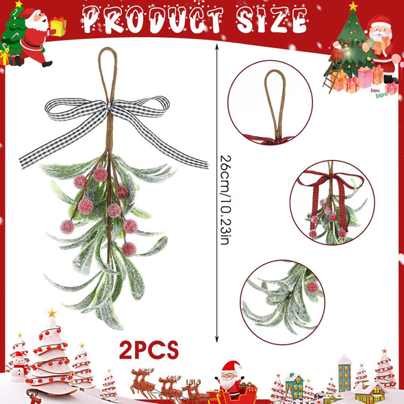 2 Pcs Christmas Mistletoe Decor, Xmas Mistletoe Hanging Ornament with Plaid Bow, Artificial Red Berry Mistletoe Decorations Glitter Christmas Tree Accessories Mistletoe Kissing Ball(Red+White)