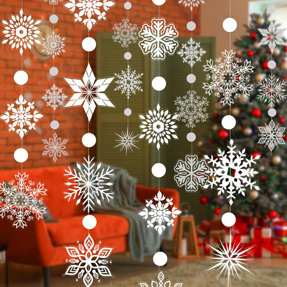 Winter Wonderland Decorations, Christmas Snowflake Garland Transparent White Large Snow Flake Garland Streamers Hanging Snow Flakes for Christmas Year Party Decoration Window Door Accessory