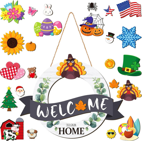 Geetery 24 Pcs Interchangeable Welcome Sign for Front Door Seasonal Icons Front Door Decor with Reversible Door Wreaths for DIY Autumn Halloween Thanksgiving Christmas Home Door Decor