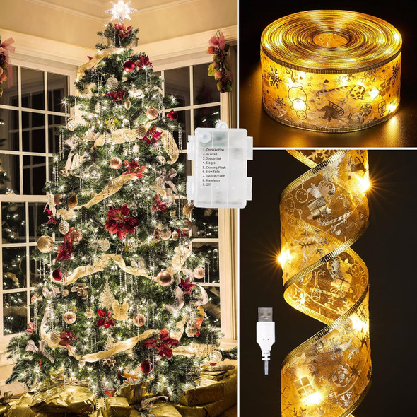 Christmas Tree Decorations, 2.5Inch x 32.8Ft 100 Led Christmas Tree Ribbon Lights with Timer, Battery&USB Powered 8 Lighting Modes Gold String Lights for Party Xmas Tree Decor